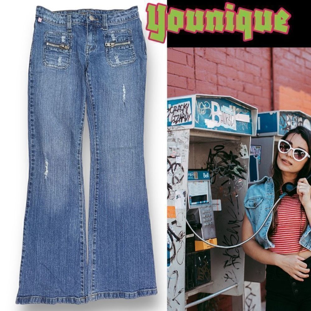 Younique Jeans Vintage Women's Size 14 Distressed Wide Leg Blue Denim Jeans Y2K